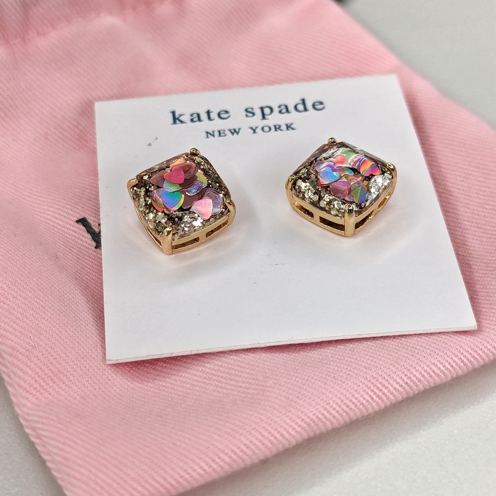 Kate Spade Gold Iridescent Heart Glitter Earrings NWOT - Picture 3 of 6